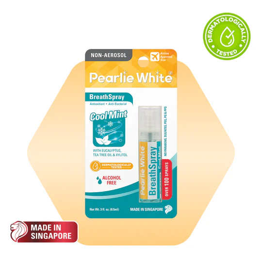 Pearly White Cool Mint Breath Spray with eucalyptus, tea tree oil, and xylitol, alcohol-free, 10ml, made in Singapore.