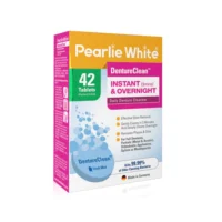 Pearly White DentureClean 42 tablets for effective denture cleaning, removes stains and odors, fresh mint flavor, made in Germany.