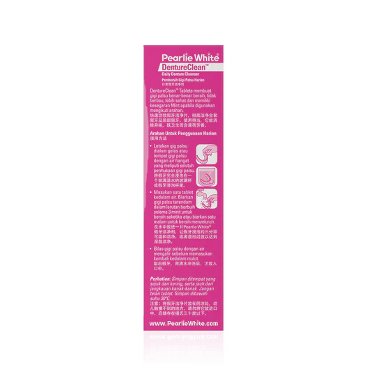 Pearlie White DentureClean Tablets packaging, featuring cleaning instructions and usage information for denture care.