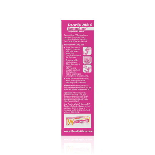 Pearlie White DentureClean product box with cleaning instructions and details for denture care.