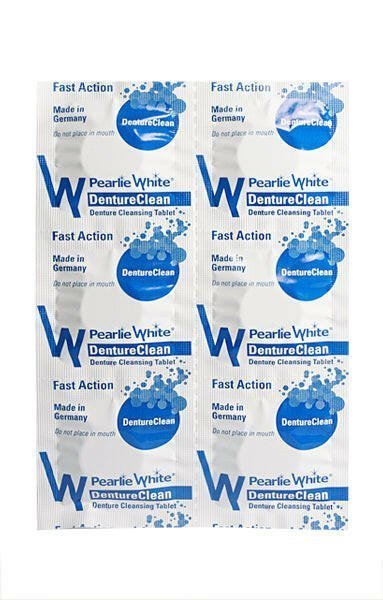 Pearly White DentureClean tablets packaging, designed for effective denture cleaning, made in Germany, fast action formula.