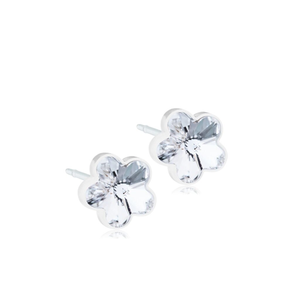 Flower-shaped crystal stud earrings featuring a clear design, perfect for adding elegance to any outfit. Ideal for casual or formal wear.