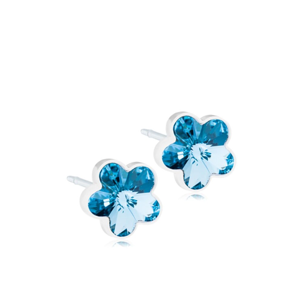 Blue flower-shaped crystal stud earrings with silver settings, showcasing vibrant blue crystals for a stylish accessory.