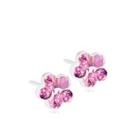 Pink flower-shaped stud earrings featuring sparkling crystals, crafted with a silver setting for elegance and charm.