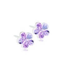 Purple flower-shaped stud earrings featuring sparkling crystals in a silver setting, ideal for adding a touch of elegance to any outfit.