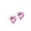 Heart-shaped pink crystal stud earrings with silver setting, ideal for adding a touch of elegance to any outfit.