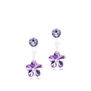 Purple flower-shaped crystal earrings with a round top stone, showcasing elegant design and vibrant color, suitable for various occasions.