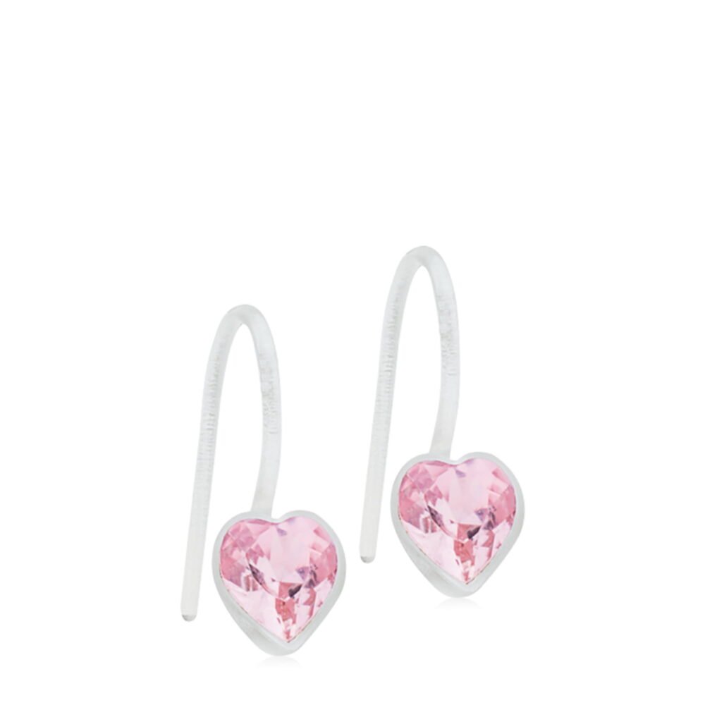 Heart-shaped earrings featuring pink crystals set in silver, perfect for adding a touch of elegance to any outfit.