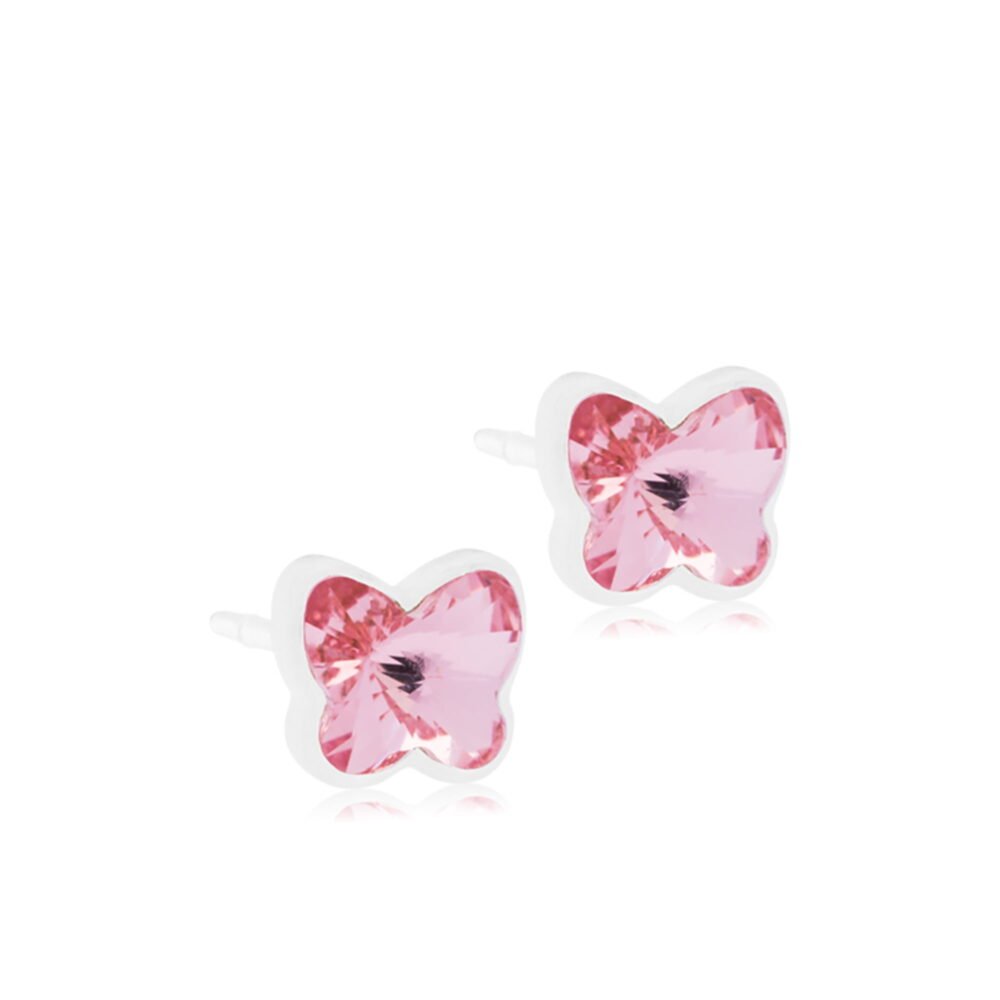 Pink butterfly stud earrings featuring sparkling crystals, perfect for adding a playful touch to any outfit.