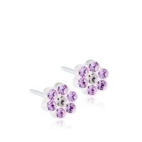 Purple floral stud earrings featuring sparkling crystals in a flower design, perfect for adding a touch of elegance to any outfit.