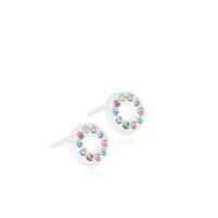 Colorful crystal stud earrings featuring a circular design with multiple gemstones in pink, green, and blue hues.