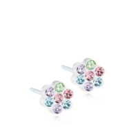 Colorful floral stud earrings featuring multiple gemstones in pink, green, and blue hues, set in a silver-tone base.