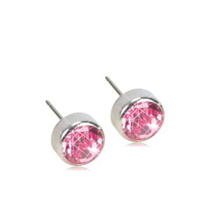 Pink crystal stud earrings with a silver setting, featuring sparkling round gemstones for a stylish accessory.