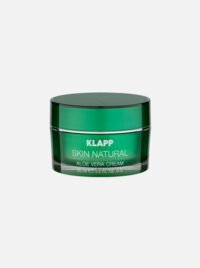 كريم KLAPP Skin Natural Aloe Vera في وعاء أخضر، 50 مل، مصمم لترطيب وتهدئة البشرة باستخدام الصبار.