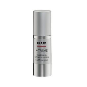 KLAPP X-Treme Whitening Intensive Serum in a silver bottle, designed to enhance skin brightness and reduce dark spots.