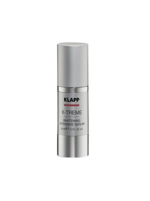 KLAPP X-Treme Whitening Intensive Serum in a silver bottle, designed to enhance skin brightness and reduce dark spots.