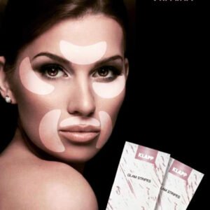 KLAPP Glam Stripes facial treatment patches on a woman's face, promoting skincare and beauty enhancement.