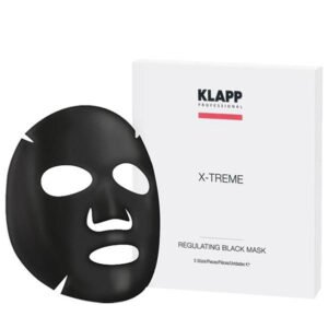 KLAPP Professional X-Treme Regulating Black Mask in packaging, designed for skincare and facial treatments, enhancing skin health and appearance.