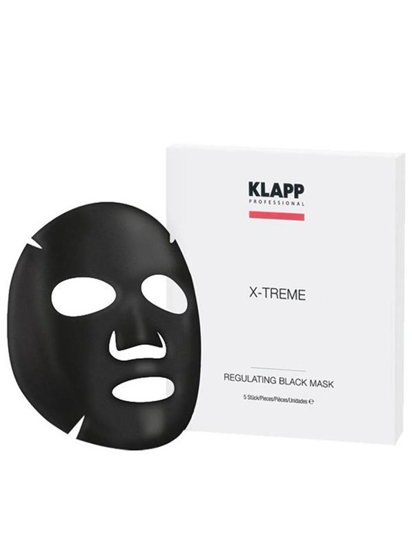 قناع KLAPP Professional X-Treme Regulating Black Mask في عبوة، مصمم للعناية بالبشرة وعلاجات الوجه، مما يعزز صحة البشرة ومظهرها.