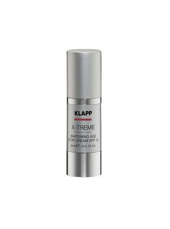 KLAPP X-Treme Whitening Age Stop Cream SPF 25 in a sleek silver bottle, designed to reduce signs of aging and provide sun protection.