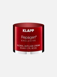 KLAPP Repagen Exclusive Global Anti-Age Cream in a red jar, 50 ml, designed to reduce signs of aging and enhance skin vitality.