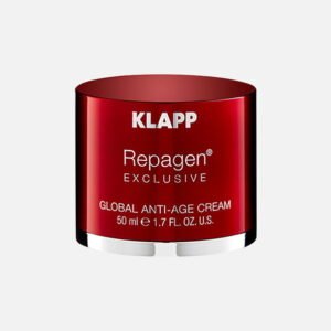 KLAPP Repagen Exclusive Global Anti-Age Cream in a red jar, 50 ml, designed to reduce signs of aging and enhance skin vitality.