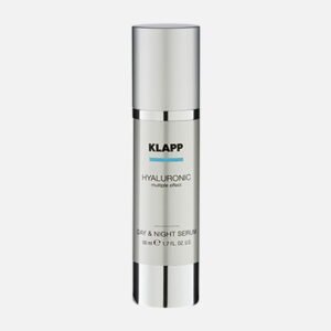 KLAPP Hyaluronic Day & Night Serum in a sleek bottle, designed for hydration and skin rejuvenation, 50ml size.