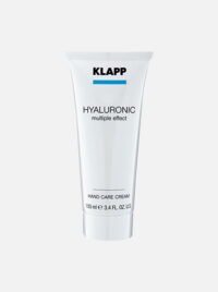 KLAPP Hyaluronic multiple effect hand care cream in a 100ml tube, designed for moisturizing and rejuvenating hands.