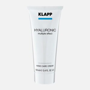 KLAPP Hyaluronic multiple effect hand care cream in a 100ml tube, designed for moisturizing and rejuvenating hands.