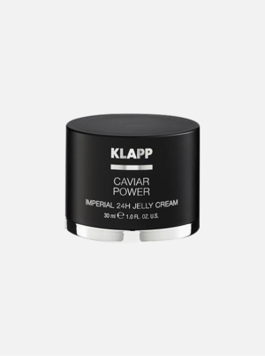 KLAPP Caviar Power Imperial 24H Jelly Cream in a black jar, 30ml size, designed for skincare hydration and rejuvenation.