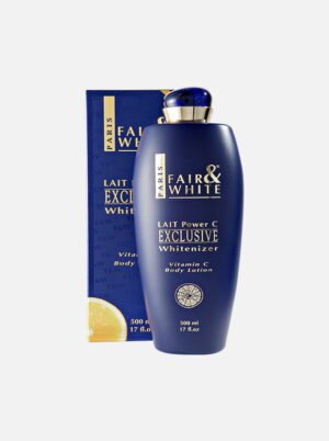 Fair & White Exclusive Whitenizer body lotion with Vitamin C, 500ml, in blue bottle with packaging, designed for skin brightening.