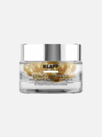 KLAPP Beauty Capsules containing anti-aging serum with Vitamin A, designed for skincare and rejuvenation, packaged in a clear jar.