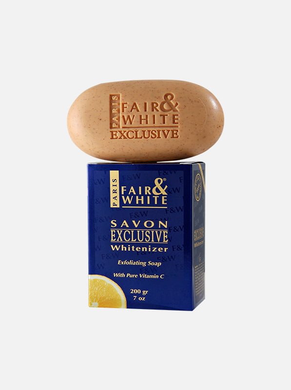 Fair & White Exclusive Exfoliating Soap with Vitamin C, 200g, designed for skin whitening and exfoliation.