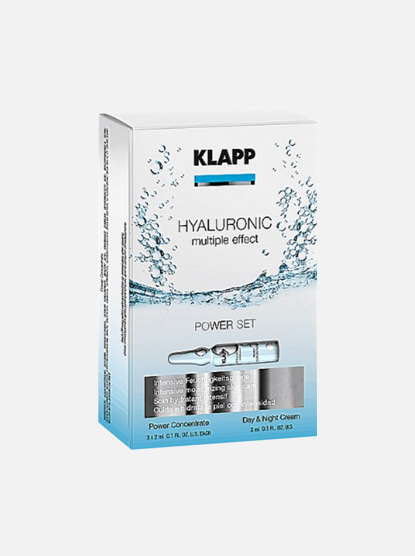 KLAPP Hyaluronic Power Set featuring ampoules and cream for intense hydration and skin rejuvenation, suitable for day and night use.