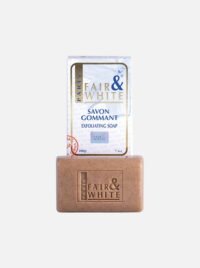 Fair & White exfoliating soap bar with packaging, 200g, designed for skin exfoliation and cleansing.