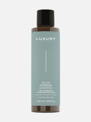 Luxury Hair Pro Relive Fortifier Shampoo in a 250ml bottle, designed to combat hair loss with a marine glycogen complex.