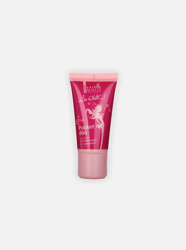 Fair & White Pocket Deodorant in pink tube, 50ml size, designed for effective odor protection and freshness on-the-go.