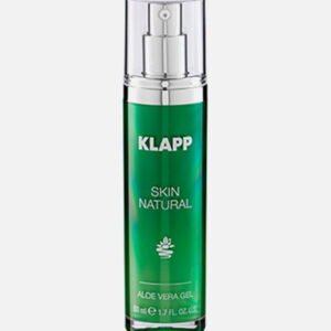 KLAPP Skin Natural Aloe Vera Gel in a green bottle, 1.7 oz, designed for hydration and soothing skin. Ideal for all skin types.