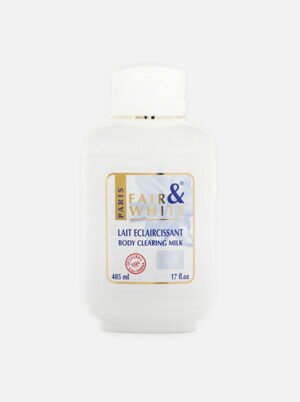 Fair & White Lait Eclaircissant Body Clearing Milk, 485ml bottle for skin brightening and moisturizing.