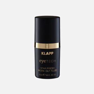 KLAPP eyetech Star Fresh Work Out Fluid in a sleek black bottle, 15ml size, designed for eye care and rejuvenation.