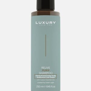 Luxury Hair Pro Relive Purix Shampoo for dandruff and greasy scalp, enriched with caprylic essential oil, 250ml bottle.