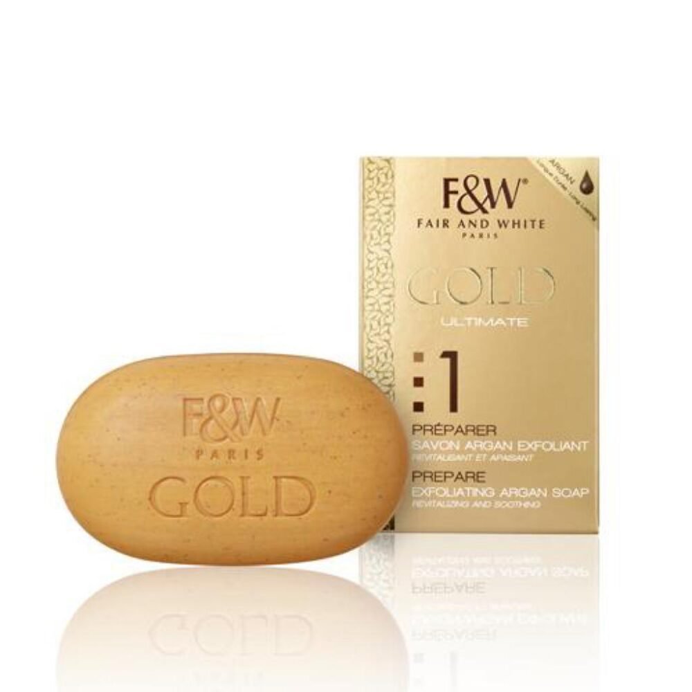 F&W Gold Ultimate Exfoliating Argan Soap bar with packaging, revitalizing and soothing properties for skin care.