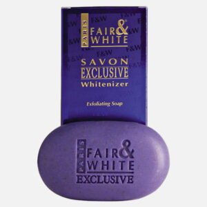 Fair & White Exclusive Whitenizer Exfoliating Soap in purple packaging, designed for skin brightening and exfoliation.