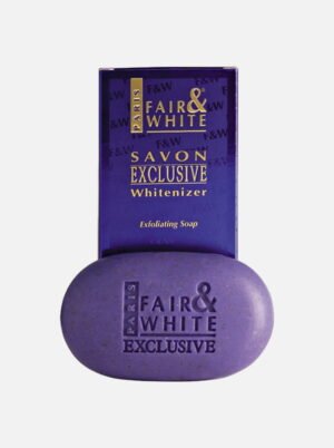 Fair & White Exclusive Whitenizer Exfoliating Soap in purple packaging, designed for skin brightening and exfoliation.