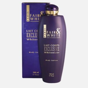 Fair & White Exclusive Whitenizer body lotion in a purple bottle with a gold cap, 500ml, packaged in a matching box.