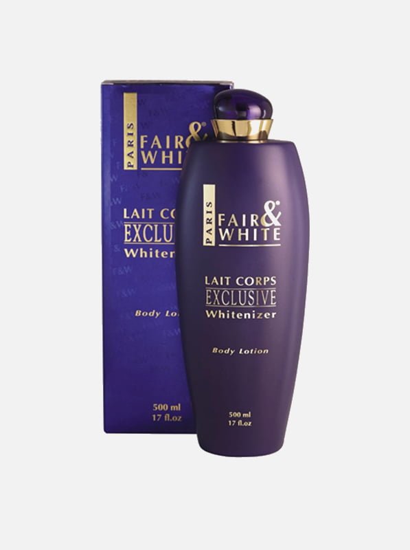 Fair & White Exclusive Whitenizer body lotion in a purple bottle with a gold cap, 500ml, packaged in a matching box.