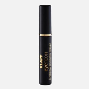 KLAPP Eyetech Eyebrow Booster Serum in a sleek black tube designed to enhance eyebrow growth and thickness.