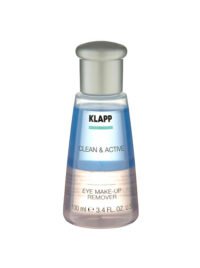 KLAPP Clean & Active Eye Makeup Remover in a clear bottle, 100ml size, designed for effective eye makeup removal.