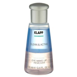 KLAPP Clean & Active Eye Makeup Remover in a clear bottle, 100ml size, designed for effective eye makeup removal.