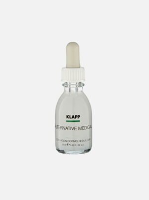 KLAPP Alternative Medical Collagen Dermis Rebuilder serum in a glass dropper bottle, 30ml, designed for skin rejuvenation and hydration.